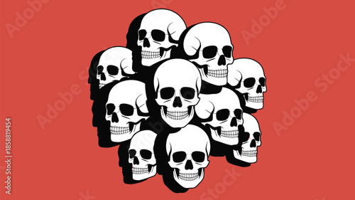 Multiple white skulls stacked together on red background