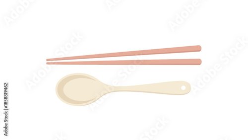 Minimalist illustration of chopsticks and a spoon on a white background.
