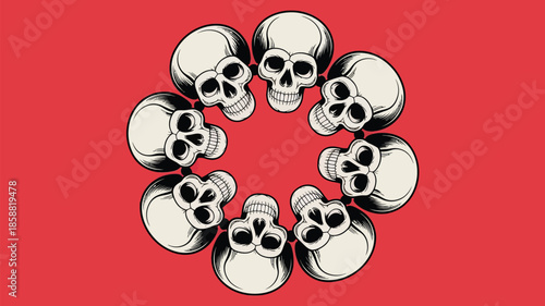 Circle of skulls on red background for Halloween or horror themes