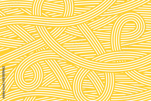 Abstract pasta pattern with flowing yellow spaghetti lines creating dynamic food texture. Modern Italian noodle background design for culinary menus and restaurant graphics.