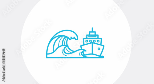 Stylized line art of a large tsunami wave and a ship.