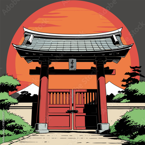 Vector image of a traditional Japanese gate in an image with attractive colors