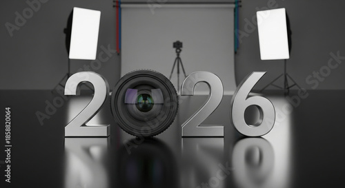 2026 New Year text in photography theme with camera lens and blurred professional studio setup with softboxes and tripods
