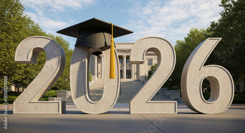 2026 New Year text with black graduation cap and tassel on university campus with stairs trees and sunlight. education success concept 