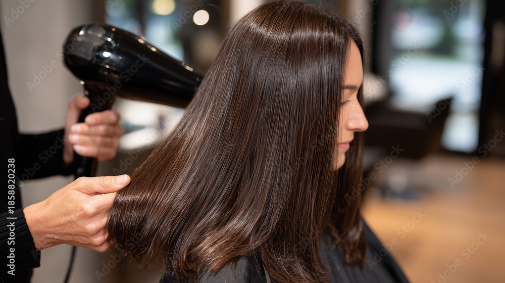 Fototapeta premium Wide close-up of a womanâs straight shiny brown hair finishing blow-drying, stylistâs hands adjusting hair and dryer, strands smooth and reflective under salon lights, premium hair
