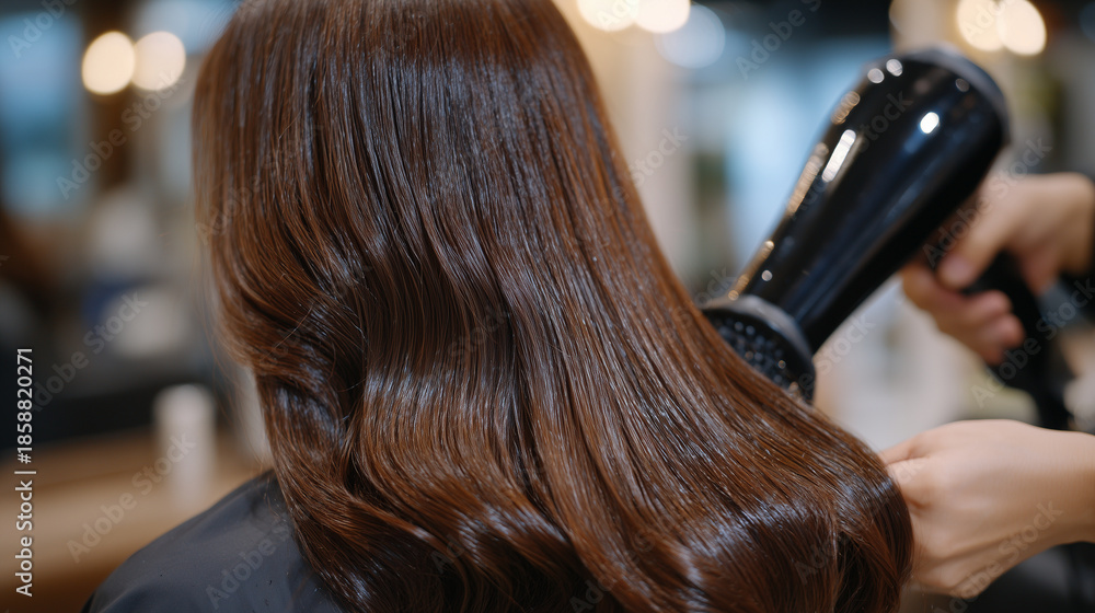 Fototapeta premium Angled close-up of long brown hair being dried with an electric dryer, hair smoothly cascading over shoulders, stylistâs brush creating a polished finish, salon glamour shot