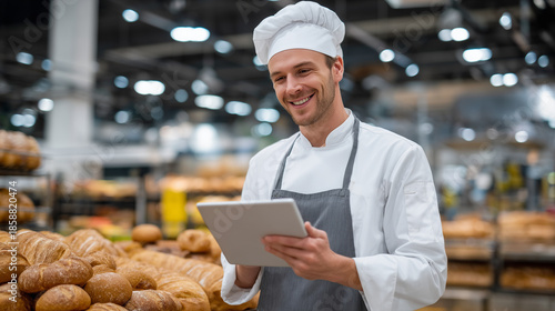 Close-up of baker checking tablet while standing next to bread display, industrial bakery lighting, fresh baked goods and professional uniform emphasized, modern foodstuff industry