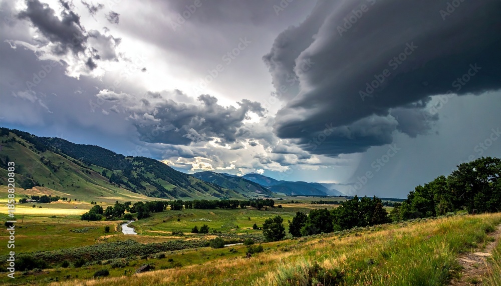 Obraz premium storm clouds rotating slowly above a silent valley, monumental calm