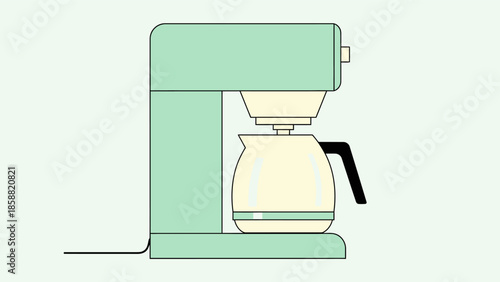 Retro-style coffee maker illustration in pastel green and cream colors on a light green background.