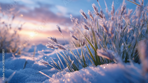 Extreme close-up of wheat tips breaking through frozen snow, fine frost glistening on plant surface, soft diffuse sunlight creating a peaceful winter farmland atmosphere