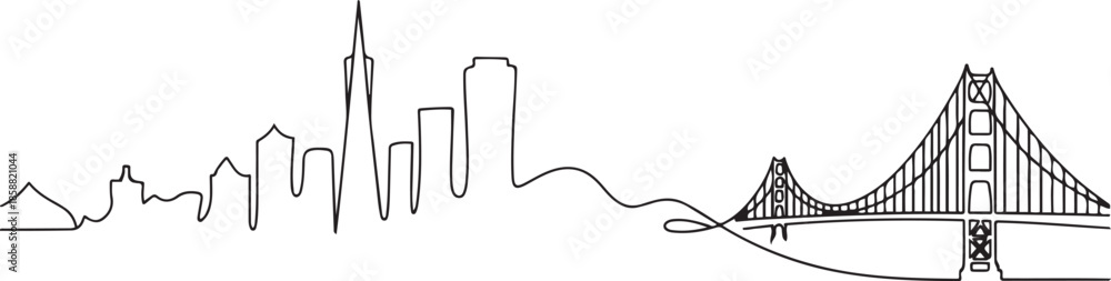 Obraz premium Continuous line drawing of San Francisco city skyline, USA. A stylish, editable stroke design for tourism posters. one line Art icon drawing