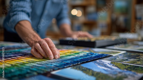 Close-up of colorful paint and design swatches, spread across a table with graphic project layouts, personâs hand gently picking a sample, studio light reflecting off glossy prints
