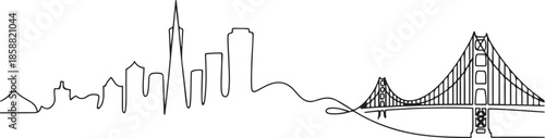 Continuous line drawing of San Francisco city skyline, USA. A stylish, editable stroke design for tourism posters. one line Art icon drawing
