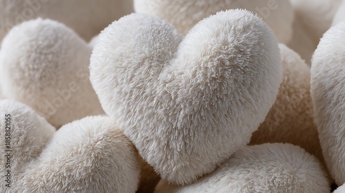 Close up view of a fluffy white lion's mane mushroom naturally shaped like a soft heart suggesting healthy and natural cognitive benefits for wellness