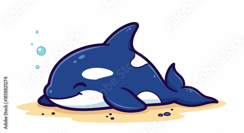 Cute cartoon killer whale resting on sandy seabed.