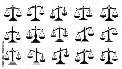 A collection of justice scales arranged in a grid pattern black and white