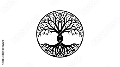 Minimalist Black Tree of Life Symbol with Intertwined Roots and Branches in a Circle, Isolated White Background