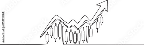 Stock Market Arrow with Candle Sticks continuous line drawing. Finance, business, and banking concept. one line Art icon drawing