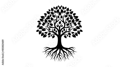 Detailed Black Tree of Life Symbol with Roots and Abundant Leaves, Isolated White Background