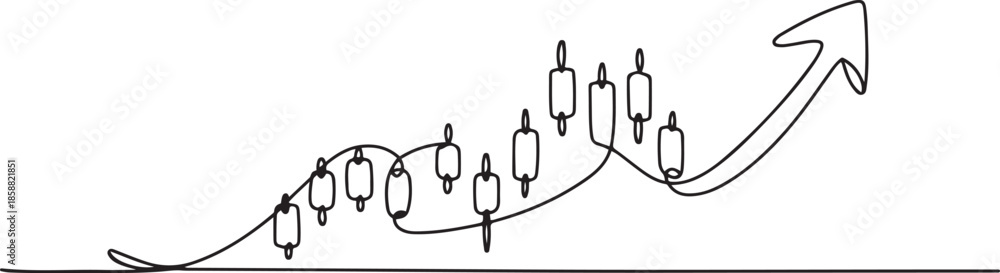 Fototapeta premium Stock Market Arrow with Candle Sticks continuous line drawing. Finance, business, and banking concept. one line Art icon drawing