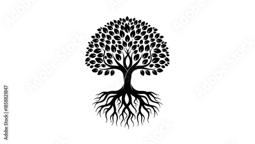 Majestic Tree with Deep Roots Silhouette Isolated White Background, Nature and Stability Symbol