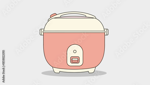 Illustration of a pink and white rice cooker on a white background.