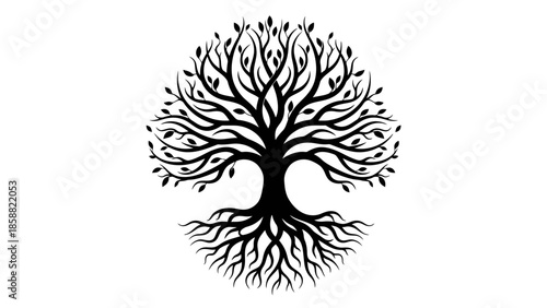 Intricate Black Silhouette of a Dense Tree with Detailed Roots and Branches, Symbolizing Life and Strength, Isolated White Background