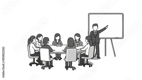 Teacher Presenting to Students in a Classroom Setting with a Whiteboard, Black and White Outline on Isolated White Background