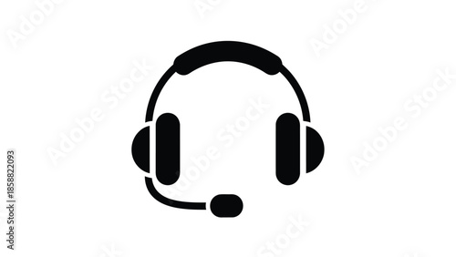 Simple black and white graphic of a headset with microphone illustration
