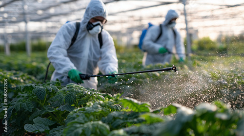 Side-profile of workers moving through greenhouse, spraying crops row by row, sunlight creating warm reflections on protective suits, green foliage vivid and fresh