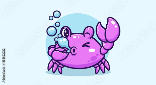 Cute Pink Crab Blowing Bubbles Underwater Cartoon.
