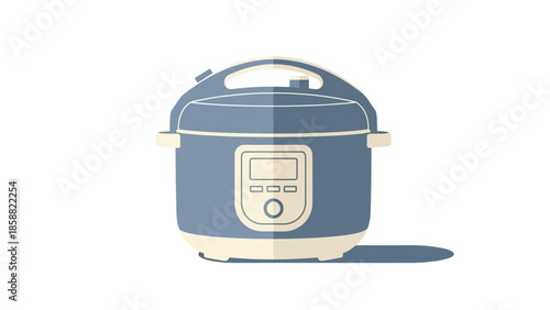 A blue and cream colored electric pressure cooker on a white background.