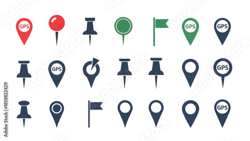 Collection of colorful location pins and map markers in various styles