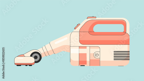 Illustration of a modern handheld vacuum cleaner on a light blue background.
