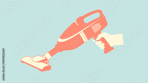 Illustration of a hand holding a handheld vacuum cleaner on a blue background.