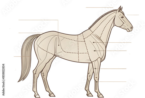 Diagram illustration of a horse with labeled anatomical parts and muscle structure for educational or veterinary reference
