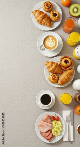 Delicious breakfast spread with fresh fruits, pastries, and beverages on table
