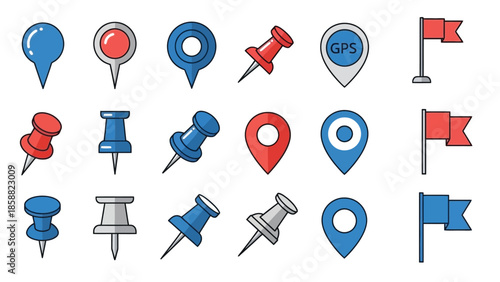 Collection of colorful map markers pins and flags for location services