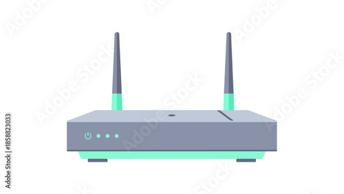 Illustration of a modern wireless router with two antennas on a white background.