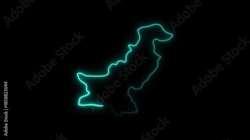 Glowing neon outline map of Pakistan on black background Pakistan map glowing map