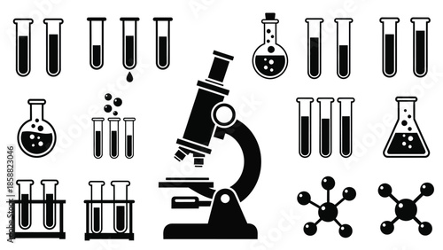 Scientific glassware and a microscope illustrating laboratory research and analysis