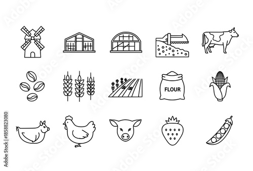 Farm and agriculture thin line vector icons collection for infographics and design projects