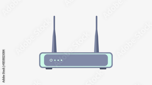 Illustration of a wireless router with two antennas on a white background.
