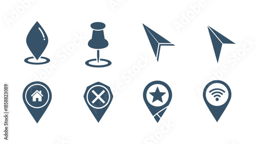 Collection of minimalistic location navigation and communication icons in dark blue