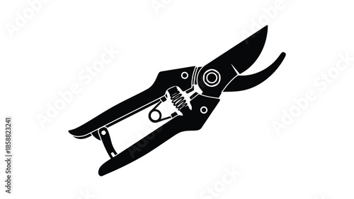 A black and white illustration of pruning shears a gardening tool