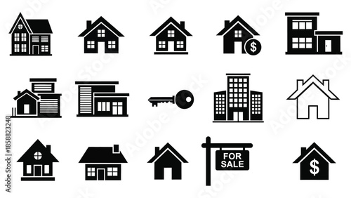 Collection of black house icons real estate symbols and property related elements