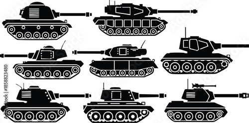 Flat silhouette vector set of nine tank side profiles showing varied turrets barrels tracks and hatches in monochrome bold graphic icon composition stencil signage military graphics