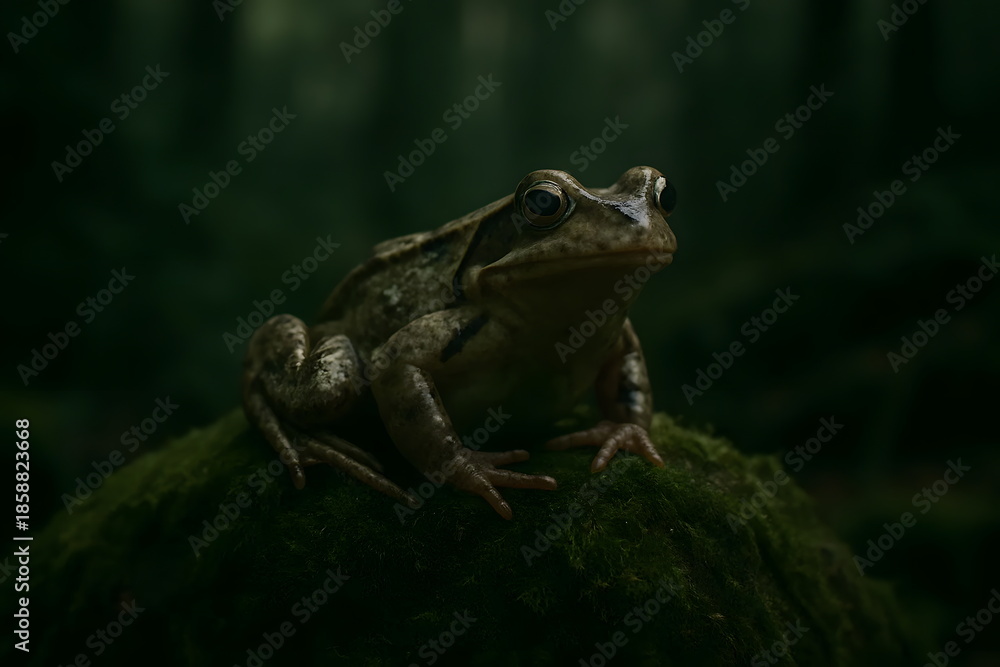 Fototapeta premium Frog resting on a mossy surface in a dark natural forest environment.
