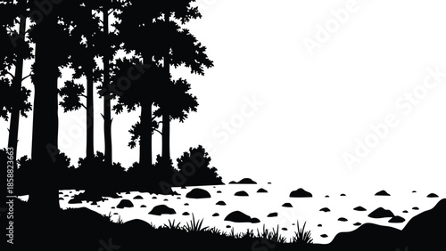 Silhouette vector side view rocky shoreline with tall pine trees on left low angle coastal rocks and grass in black and white minimal flat design composition