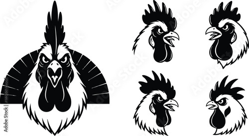 Line art bold rooster head emblem facing forward with open beak close up five variant crest silhouettes black and white vector mascot logo for team branding